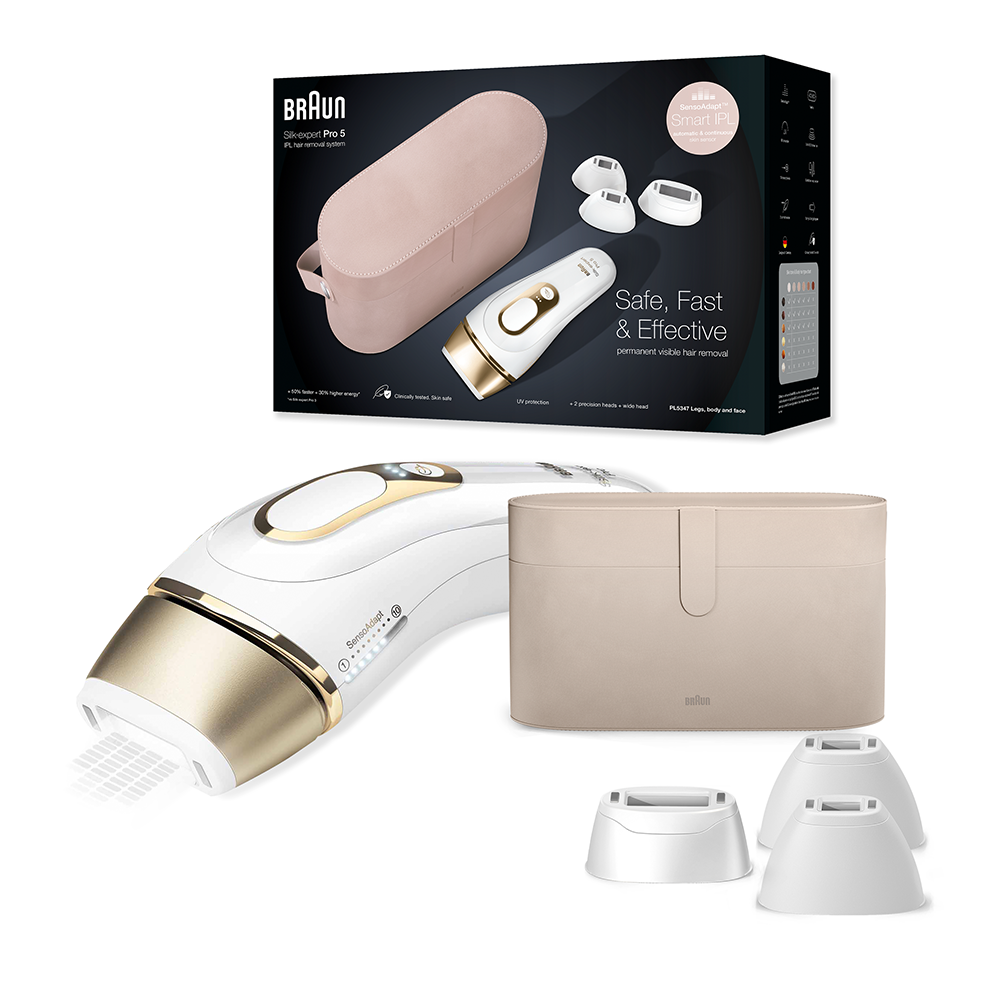 Epilator IPL Braun Silk-expert PRO 5 PL5347, SensoAdapt™, 400.000 impulsuri, 10 niveluri de intensitate, corp si fata, 2 x cap de precizie, cap extra lat, aparat de ras Venus, Trusa premium de calatorie, Alb/Auriu