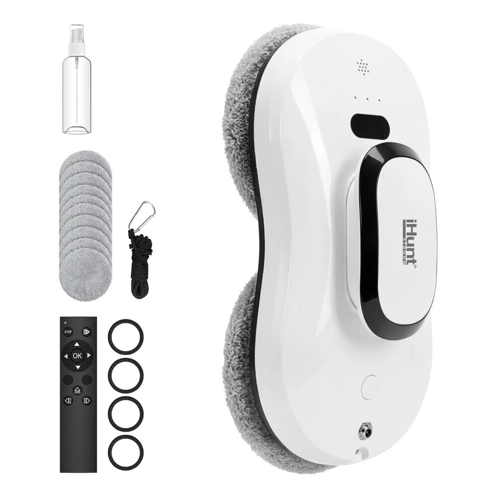 iHunt Smart Window Robot 3 (telecomandă), robot spălat geamuri, tehnologie vacuum 90W, senzori margini, 10 lavete, Alb