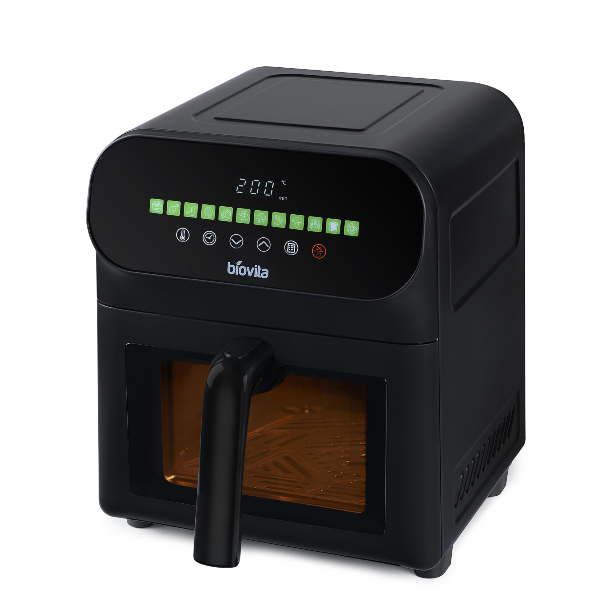 Friteuza cu Aer Cald / Air Fryer, Biovita CUBE, 6L, 12 Programe, Sertar cu geam transparent, 1700W, Neagra