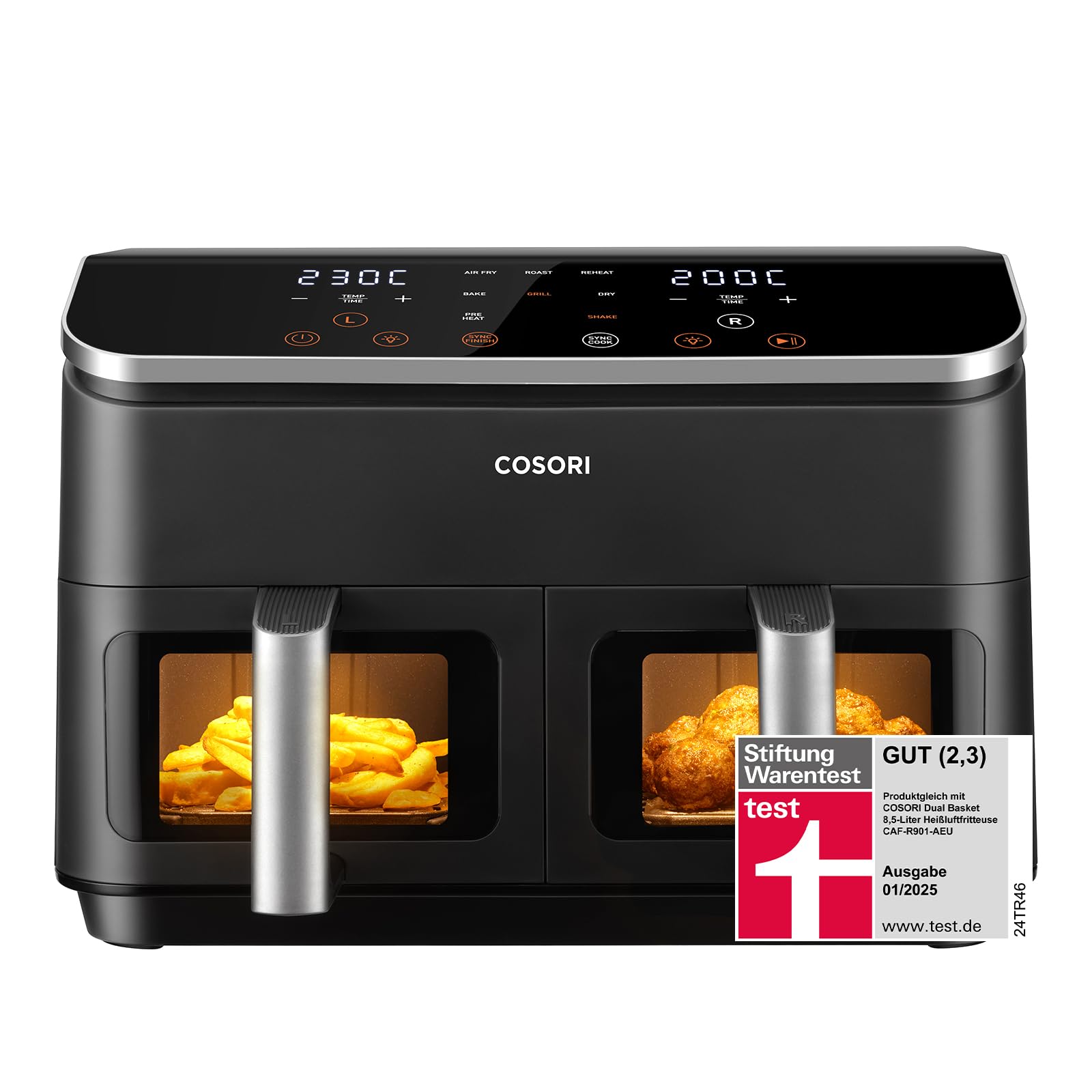 Friteză cu aer cald Cosori, 8, 5L, 2 camere, interior metalic, fereastră de vizualizare