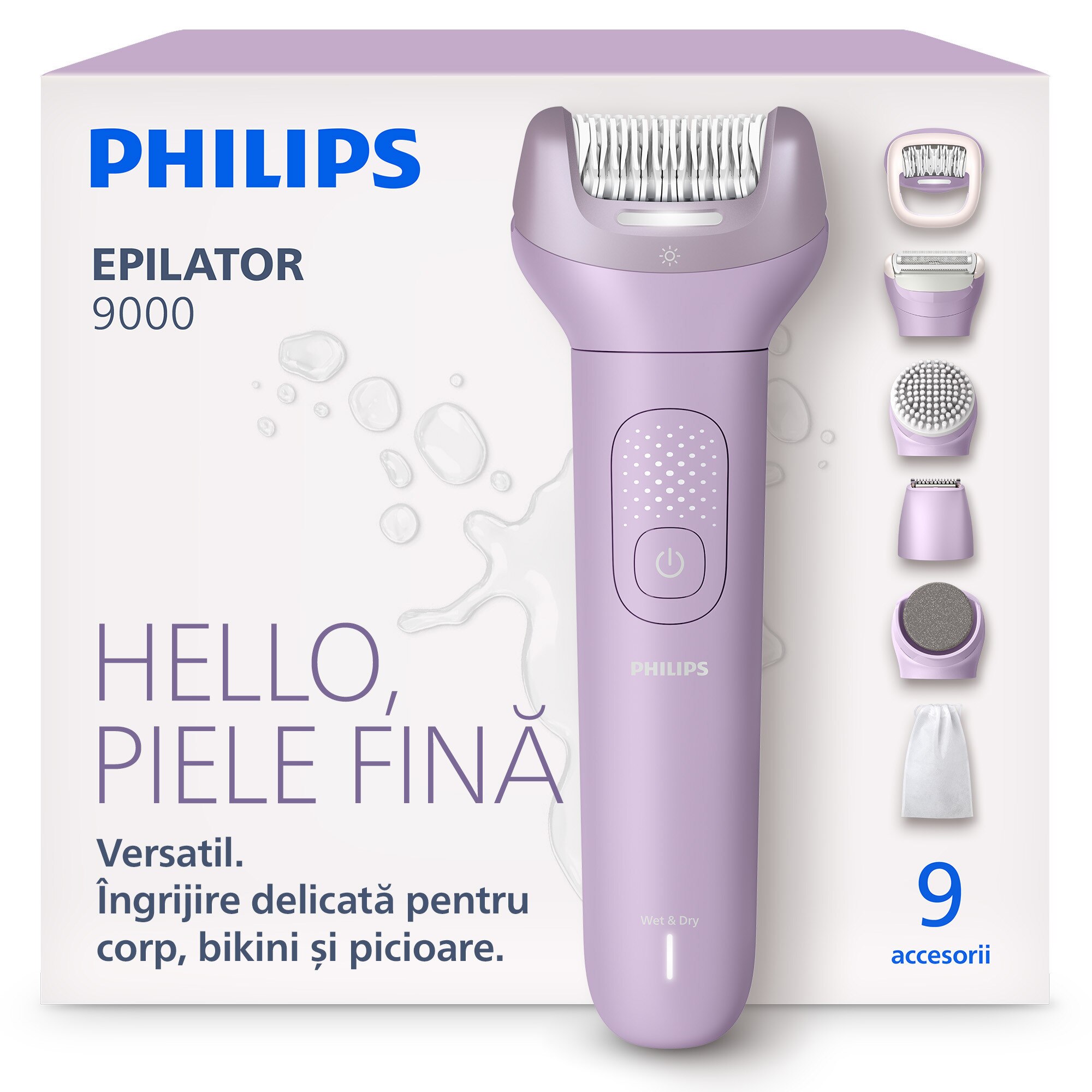Epilator PHILIPS BRE728/00 Seria 9000 cu ProGuide 360° pentru epilare precisa, pensete ceramice, pila pedichiura pentru calcaie netede, perie exfoliere, cap ras + alte accesorii, umed&uscat, autonomie 60 min