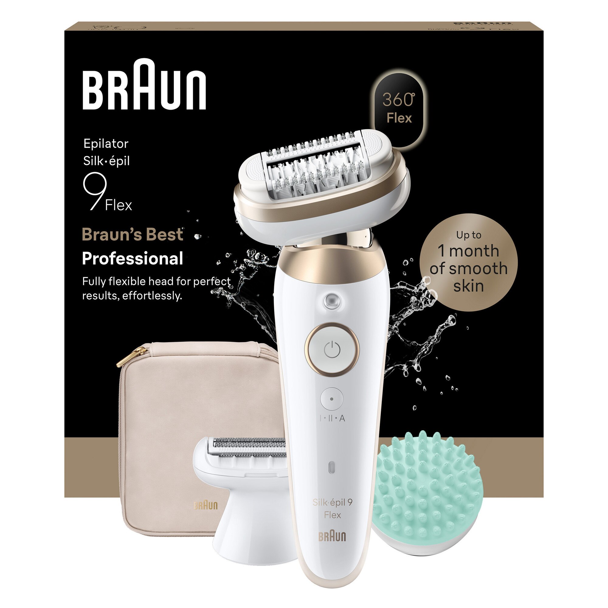 Epilator Braun Silk-épil 9 9-071 3D Flex 360°, Wet & Dry, Smart Touch, 40 de pensete, 2 viteze, Cap de ras + Pieptene pentru tuns, Cap de masaj, Geanta de voiaj, Alb/Auriu