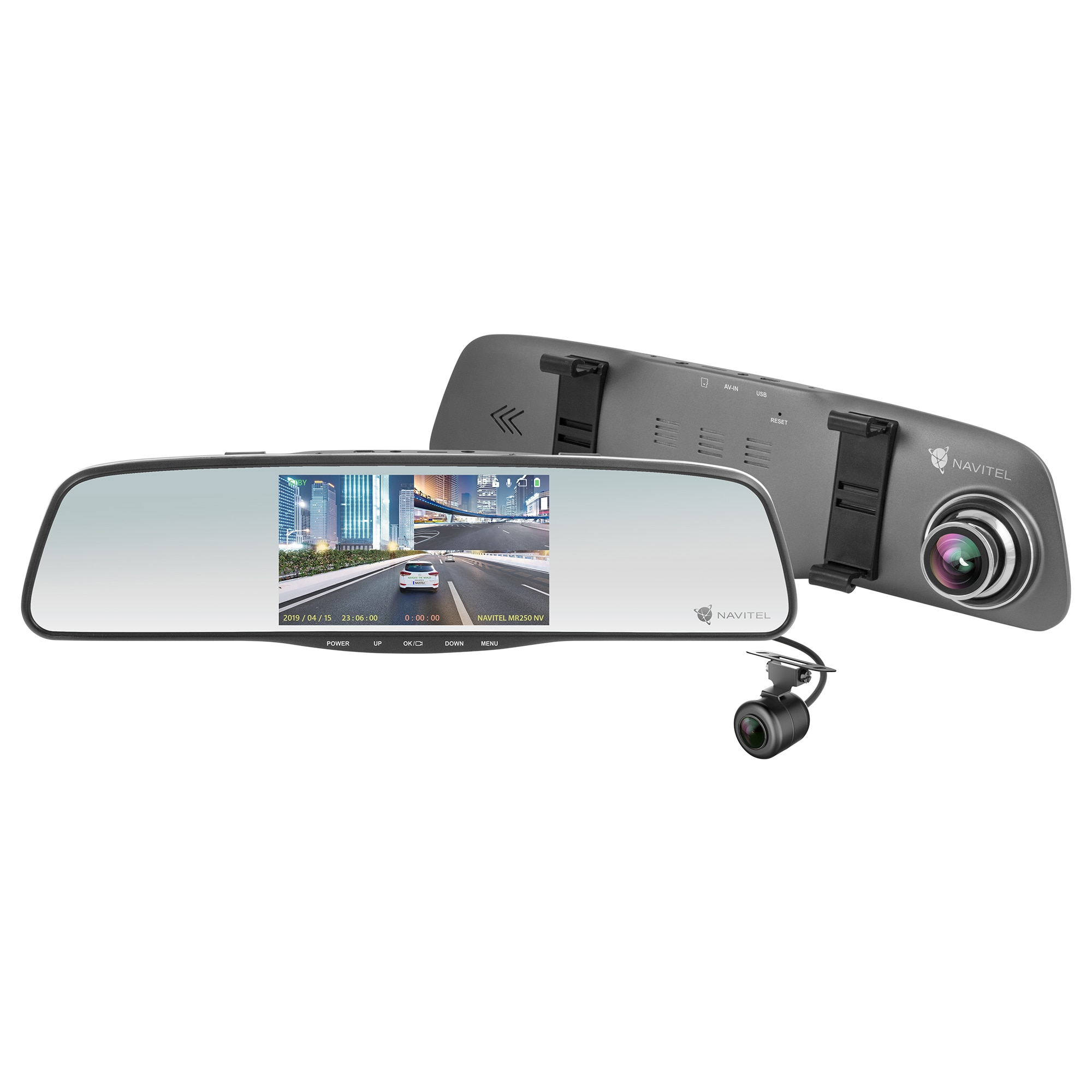 Cameră auto DVR Navitel MR250NV cu night vision, fixare pe oglinda retrovizoare, ecran 5" IPS, carcasă metal, cameră față 160° FHD 30 fps + cameră spate, IP65
