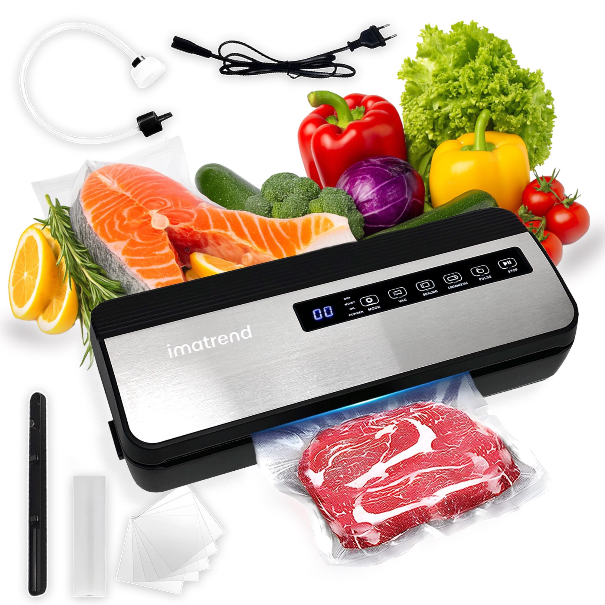 Aparat de vidat si sigilat alimente IMA Trend, 130W, 80kpa, 5 functii vidare umed/uscata/soft, panou de comanda tactil, 30 cm bara de lipire, Cutter Incorporat, cu 10 Pungi 15x20cm si o Rola de 25x500cm incluse, Functie de Sigilare si Vidare Automata, Gri