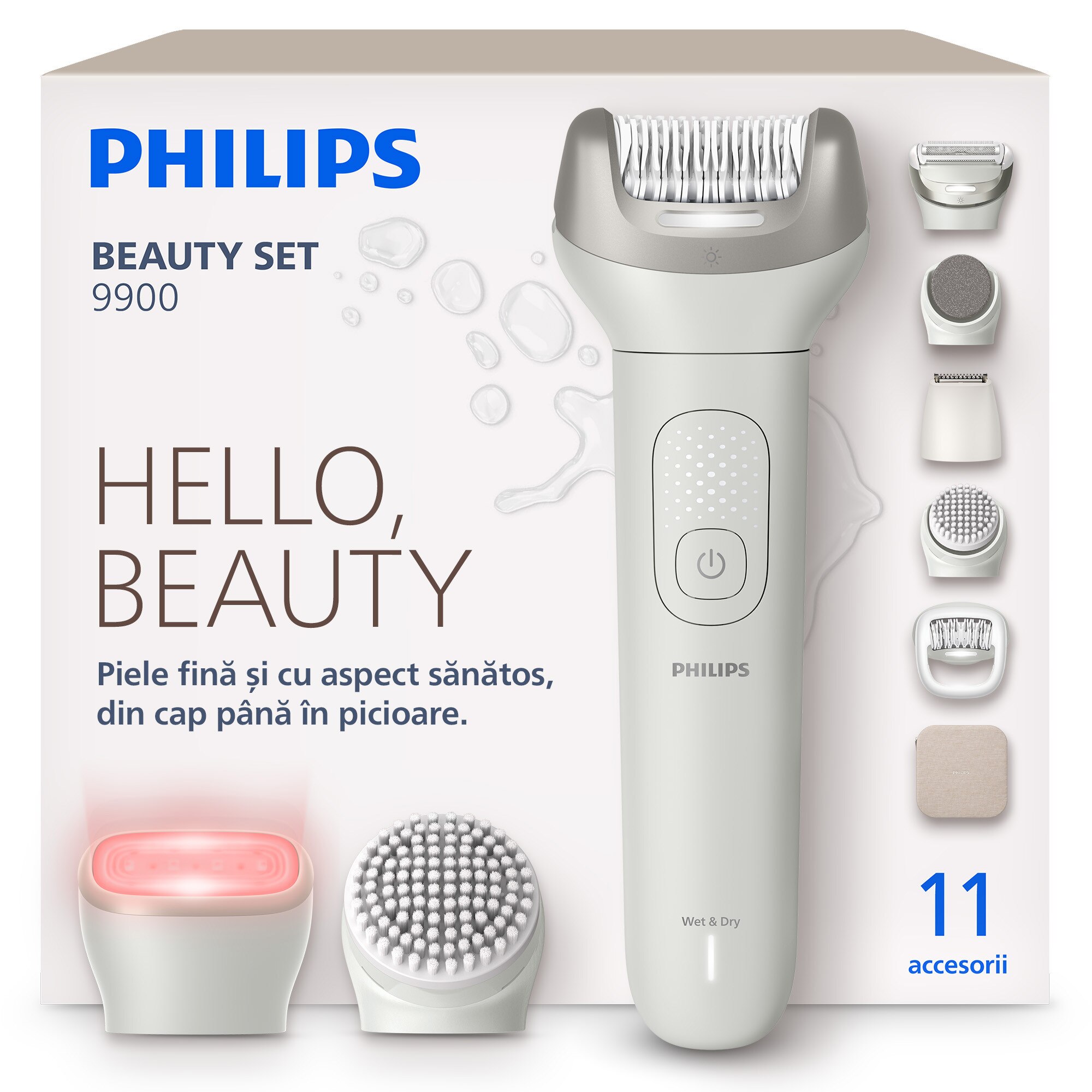 Set de infrumusetare PHILIPS BRE750/00: Epilator seria 9900 cu cap SkinLED cu lumină rosie & infrarosu pentru piele luminoasa, cap epilare ProGuide360°, pensete ceramine,cap ras flexibil, pila pedichiura+alte accesorii, umed&uscat, autonomie 60 min