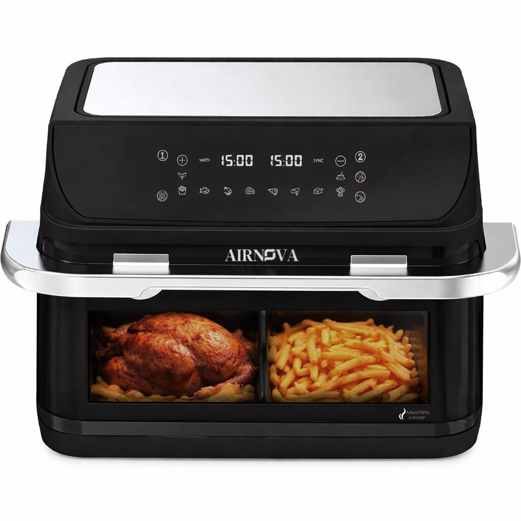 Air fryer AIRNOVA® MaxFritto 2400W, Capacitate 11L, Friteuza cu aer cald, Dual Zone, Afisaj digital, Negru