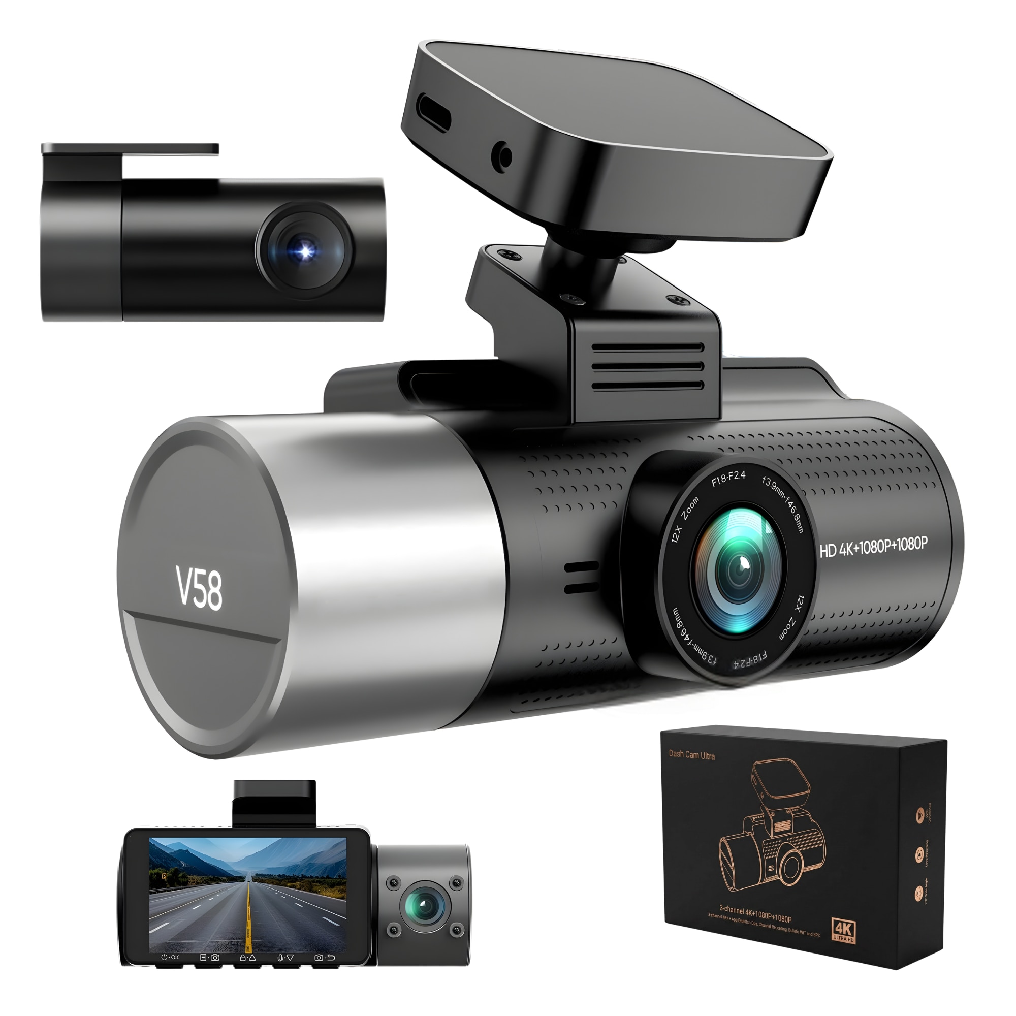 Cameră de bord Medeyatech V58, 3 canale, 4K + 1080p + 1080p, Sony IMX678 STARVIS 2, Wi-Fi 5.8 GHz, GPS, supercondensator, card 128 GB inclus