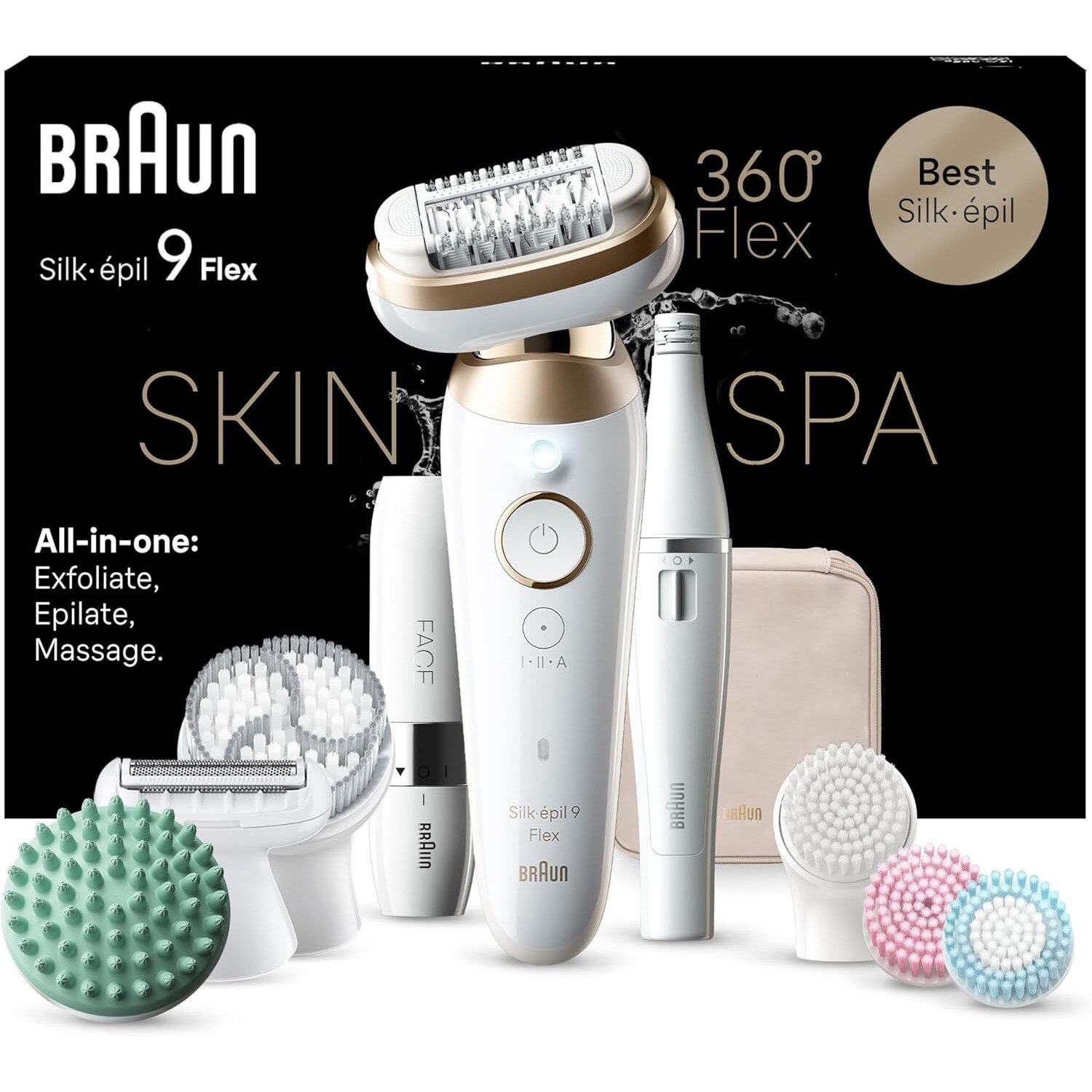 Epilator Braun Silk-Epil 9 Flex SkinSpa 9-681 3D, set All-in-One, Alb/Auriu
