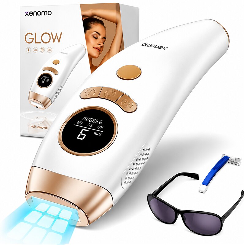 Epilator IPL Xenomo® GLOW, Pentru epilare definitiva fara durere, Tehnologie IPL, 9 Trepte de intensitate, Mod Automat si Manual, Pentru femei si barbati, fata, corp, axila, inghinal, Senzor piele, Alb