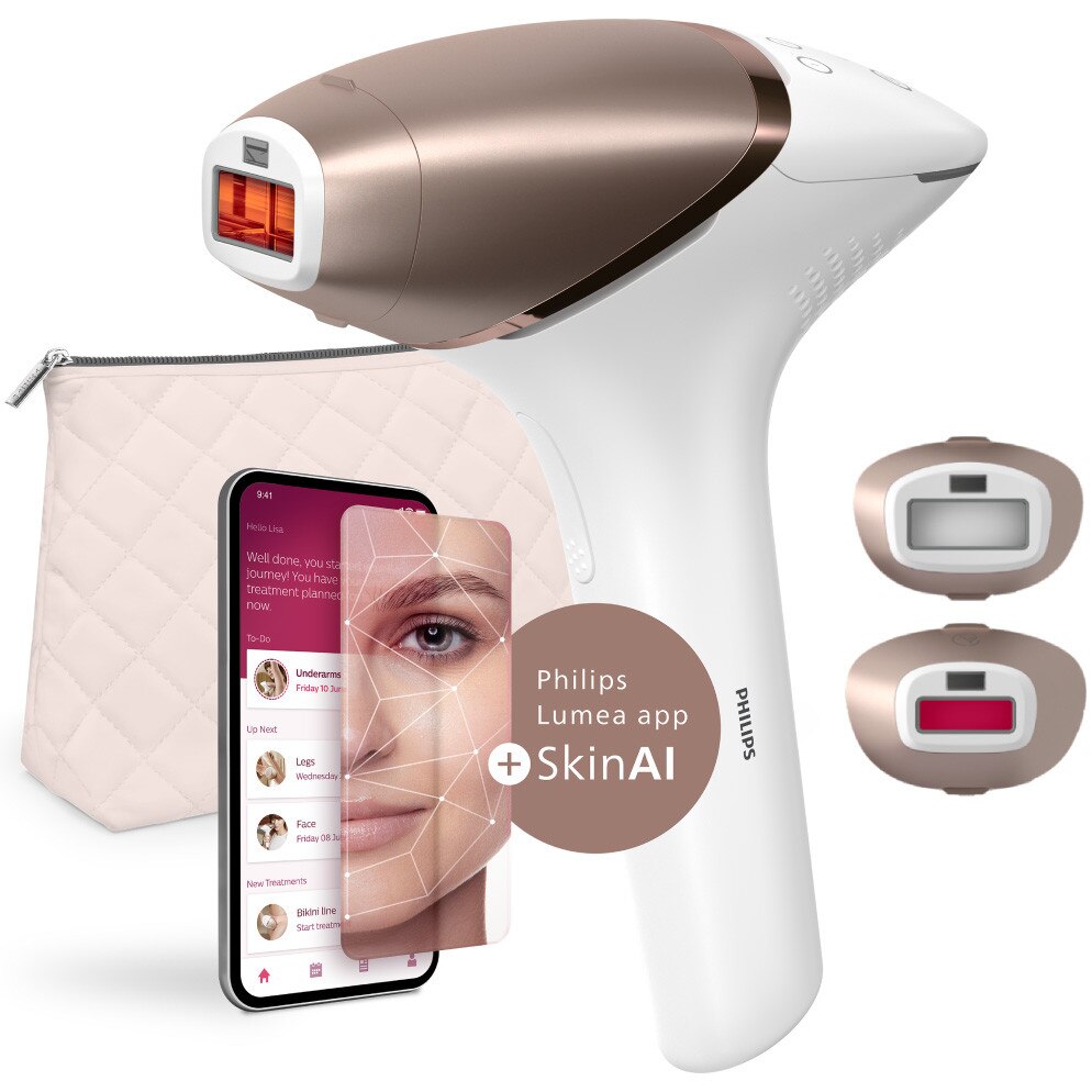 Epilator IPL Philips Lumea Seria 9900 BRI950/01, senzor SmartSkin, conectare la aplicatia cu functia Skin AI, utilizare cu sau fara fir, 450.000 impusuri, accesorii: fata, corp, Rose Gold/Alb