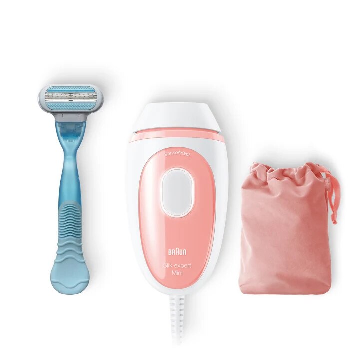 Epilator IPL Braun Silk·expert Mini PL1014, SensoAdapt, 300.000 impulsuri, 3 niveluri de intensitate, corp si fata, aparat de ras Venus Smooth, husa de voiaj, Alb/Roz