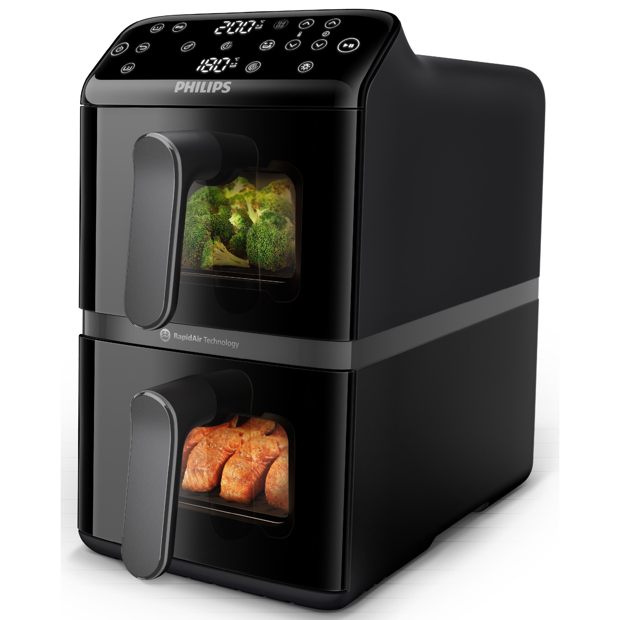 Friteuza cu aer cald verticala Philips Dual Basket Stacked Seria 4000, NA460/00, compact digital, 2 cosuri simetrice suprapuse cu ferestre si strat ceramic fara PFAS, capacitate totala 10L, 2750 W, 13-in-1 functii de gatire, 6 programe presetate, negru