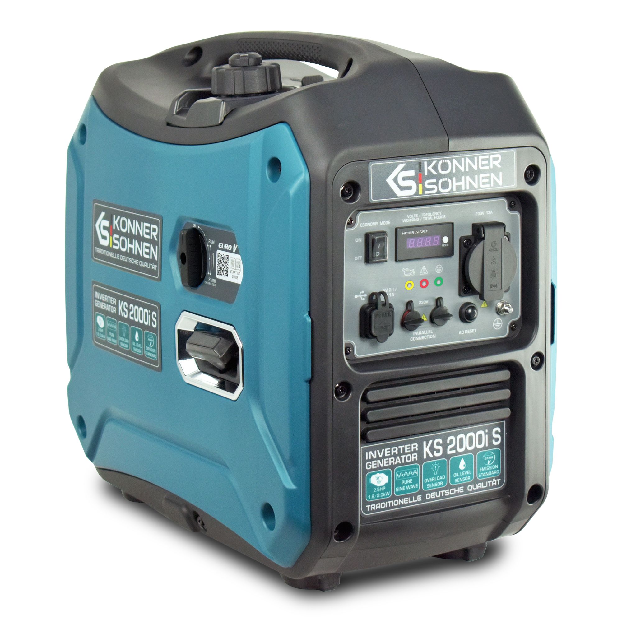 Generator curent digital insonorizat Könner&Söhnen KS 2000i S, benzina, 2.0 kW, inverter, protectie suprasarcina, protectie nivel scazut ulei, indicator tensiune, mod economic, bobinaj 100% cupru