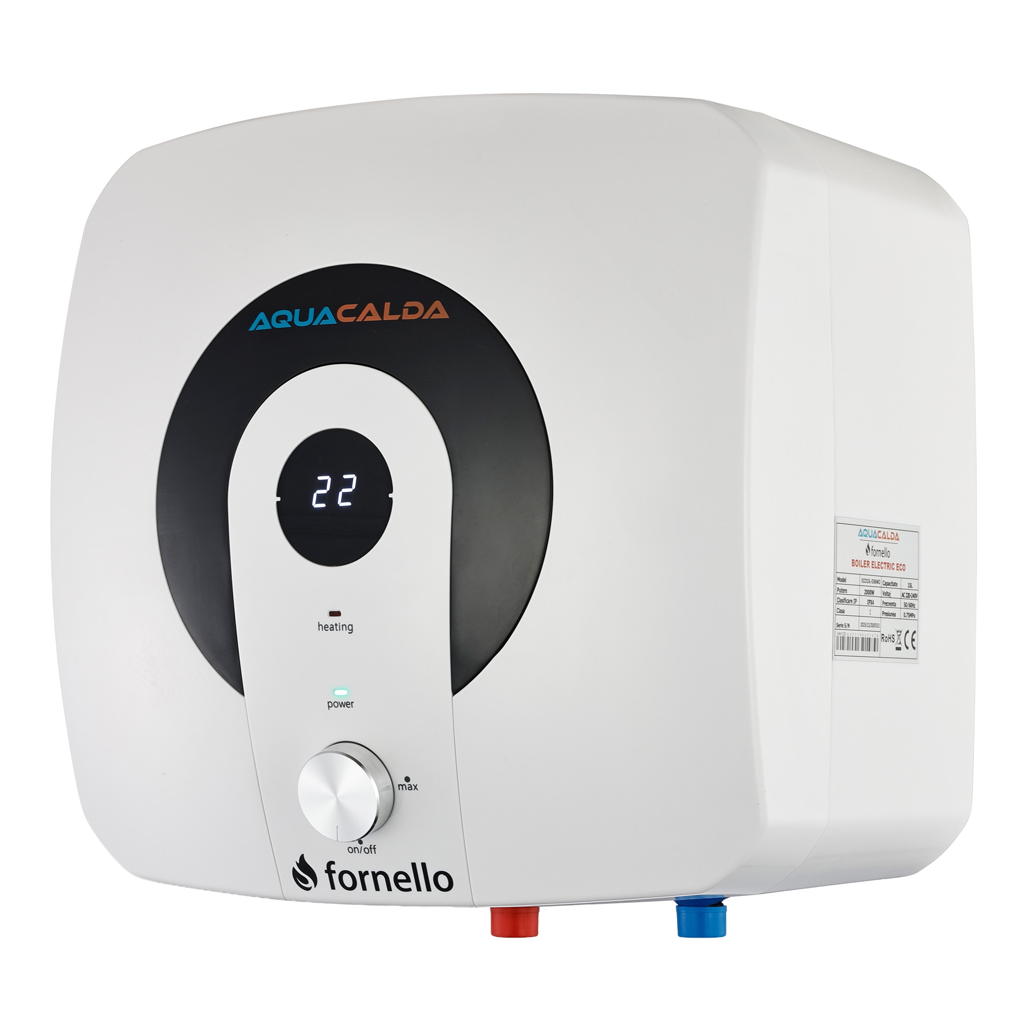 Boiler electric Fornello AquaCalda Eco, 15 L, montaj deasupra chiuvetei, 2000 W, reglaj extern al temperaturii, IPX4, afișaj digital