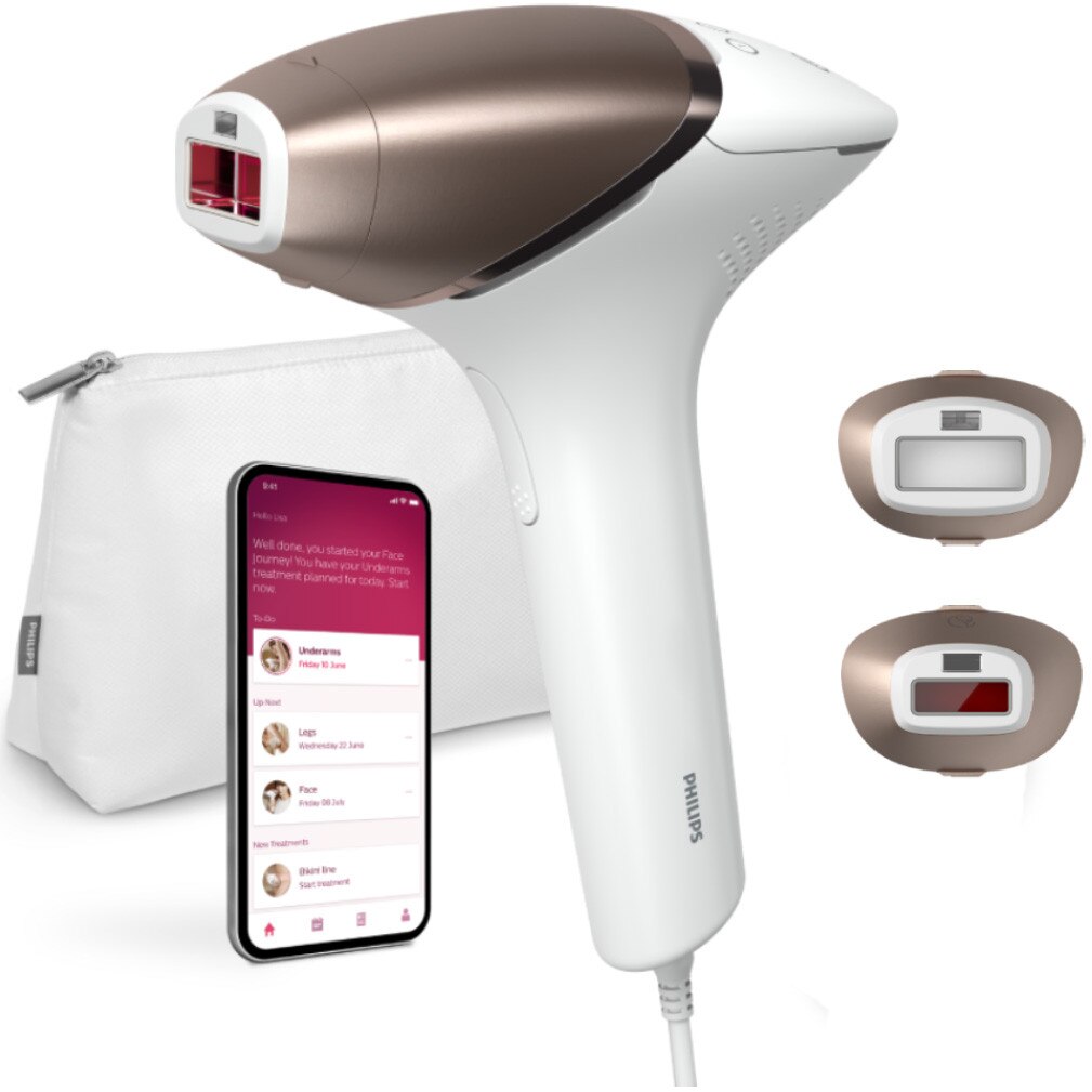 Epilator IPL Philips Lumea Seria 8000 BRI945/00, Senzor Smartskin, tehnologie SenseIQ, conectare la aplicatie, utilizare cu fir, 450.000 impusuri, accesoriu corp si fata, alb/rose gold