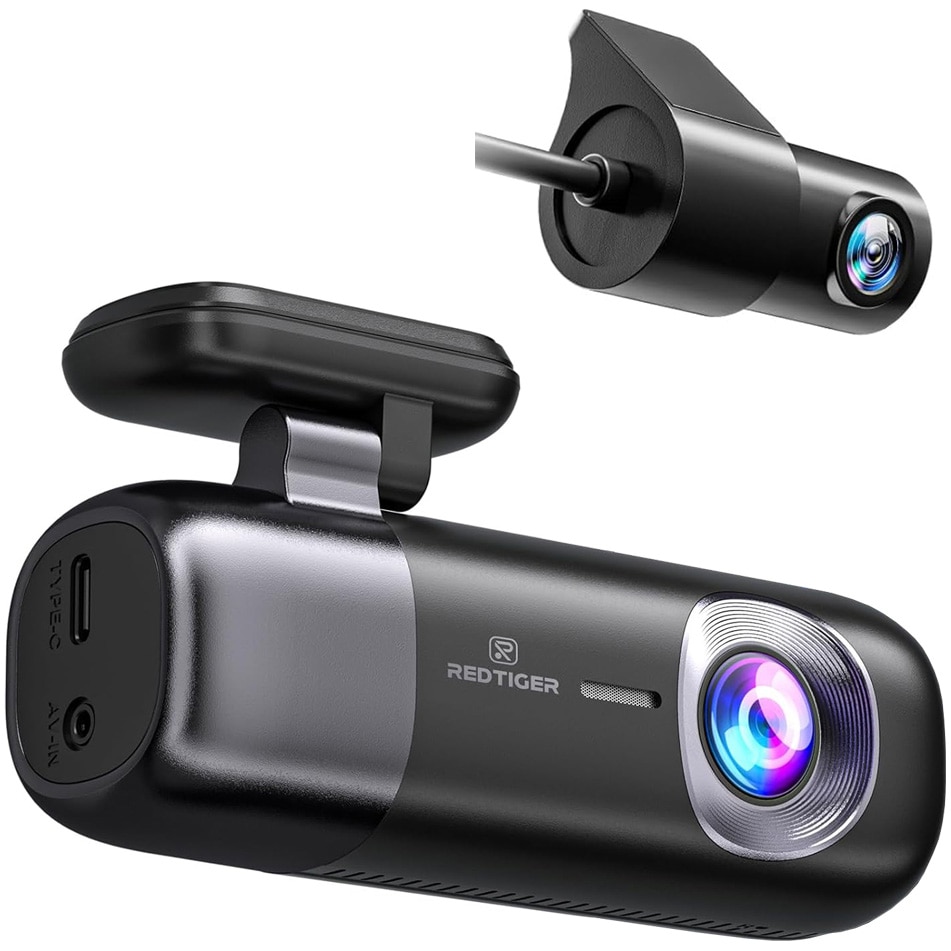 Cameră auto de bord duală Redtiger F9, 4K + 1080p, Wi-Fi, night vision, 170°, GPS, aplicație dedicată, G-sensor, monitorizare parcare