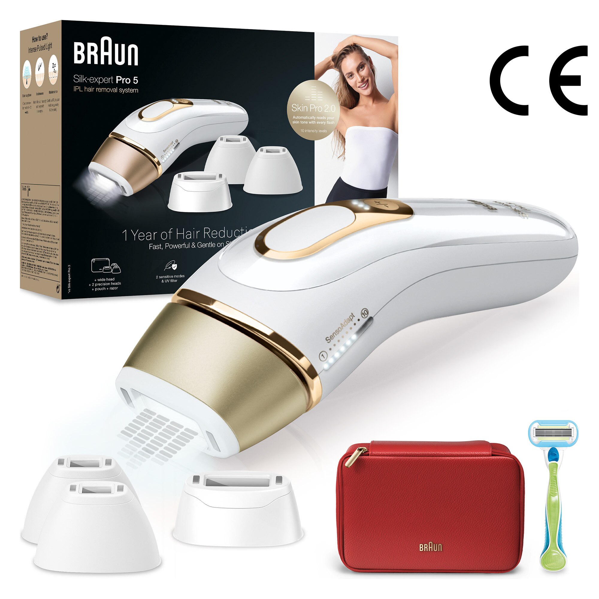 Epilator IPL Braun Silk-expert PRO 5 PL5382 Senzor automat & continuu Skin pro 2.0, 400.000 impulsuri, 10 niveluri de intensitate, 125 de impulsuri pe minut, 2 Capete de precizie, 1 Cap lat, Trusa de voiaj, Aparat de ras Venus, Auriu