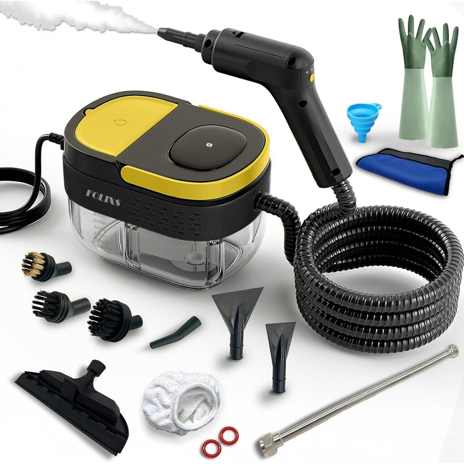 Aparat de curatat cu abur, Folixs®, 2500W, 3 Bar, rezervor 1600 ml, Afisaj digital, Maner de abur reglabil cu 3 viteze, 13 accesorii incluse, Galben/Negru