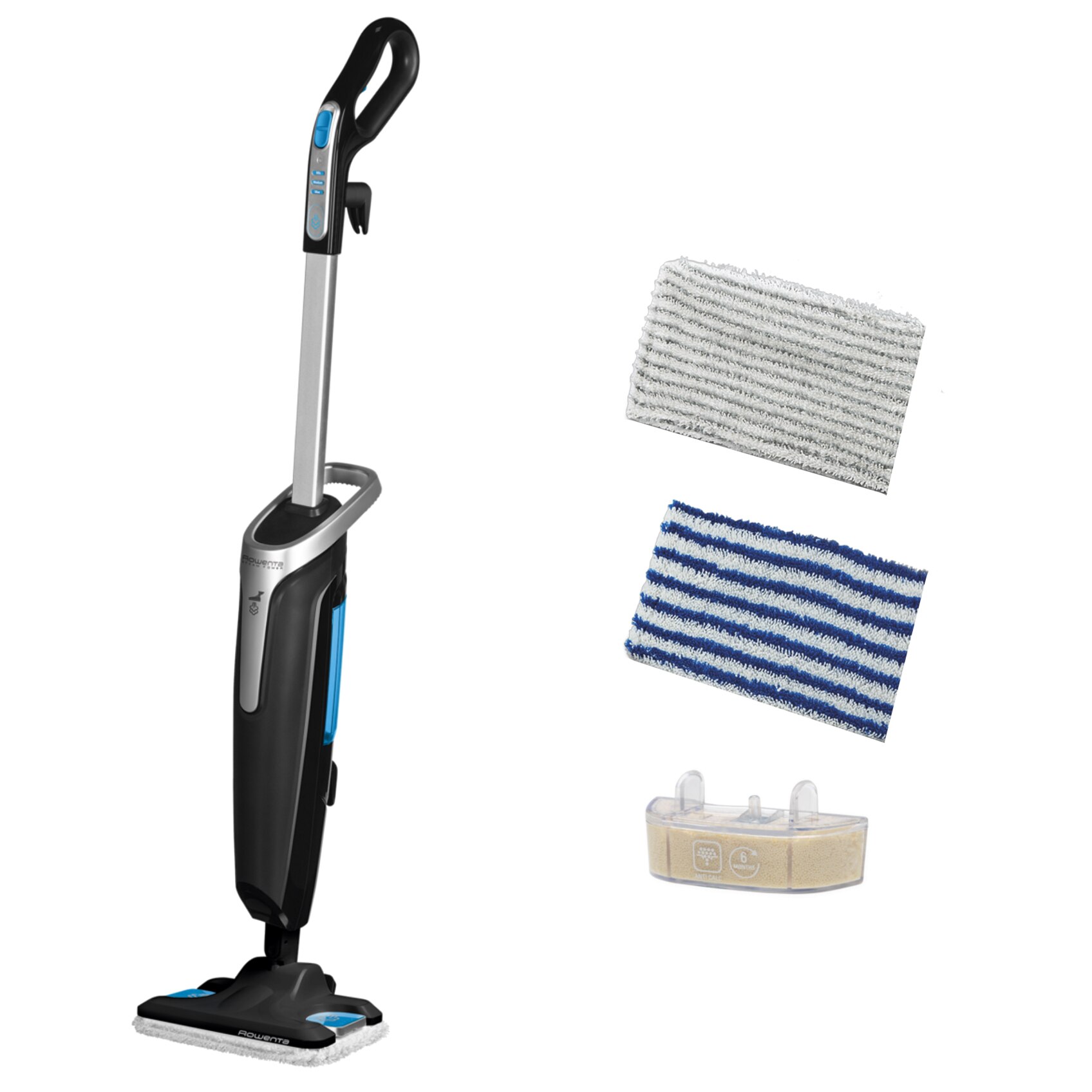 Mop cu abur Rowenta Steam Power RY6555WH, 1200W, 0.6L, filtru anticalcar, 3 setari de reglaj al aburului, Negru/Albastru