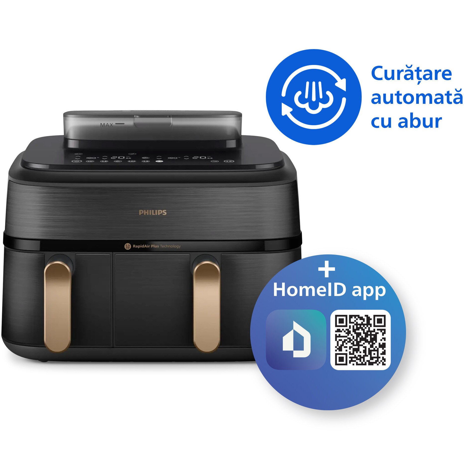 Friteuza dubla cu aer cald si abur Philips Airfryer Seria 5000 NA552/00, 2 cosuri de gatit, capacitate 9L, afisaj digital, ecran tactil, 12 programe presetate, tehnologie RapidAir Plus, Air Steam, Culoare: negru cu maner aramiu