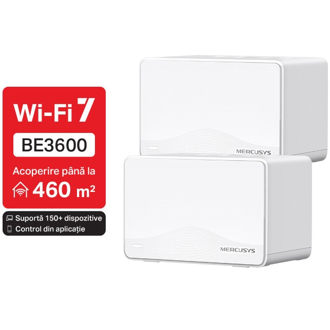 Sistem Mesh Wi-Fi Mercusys Halo H25BE(2-pack), BE3600, Dual-Band, Wi-Fi 7, MLO, 3 x 1 Gbps port, cu acoperire completa pentru casa