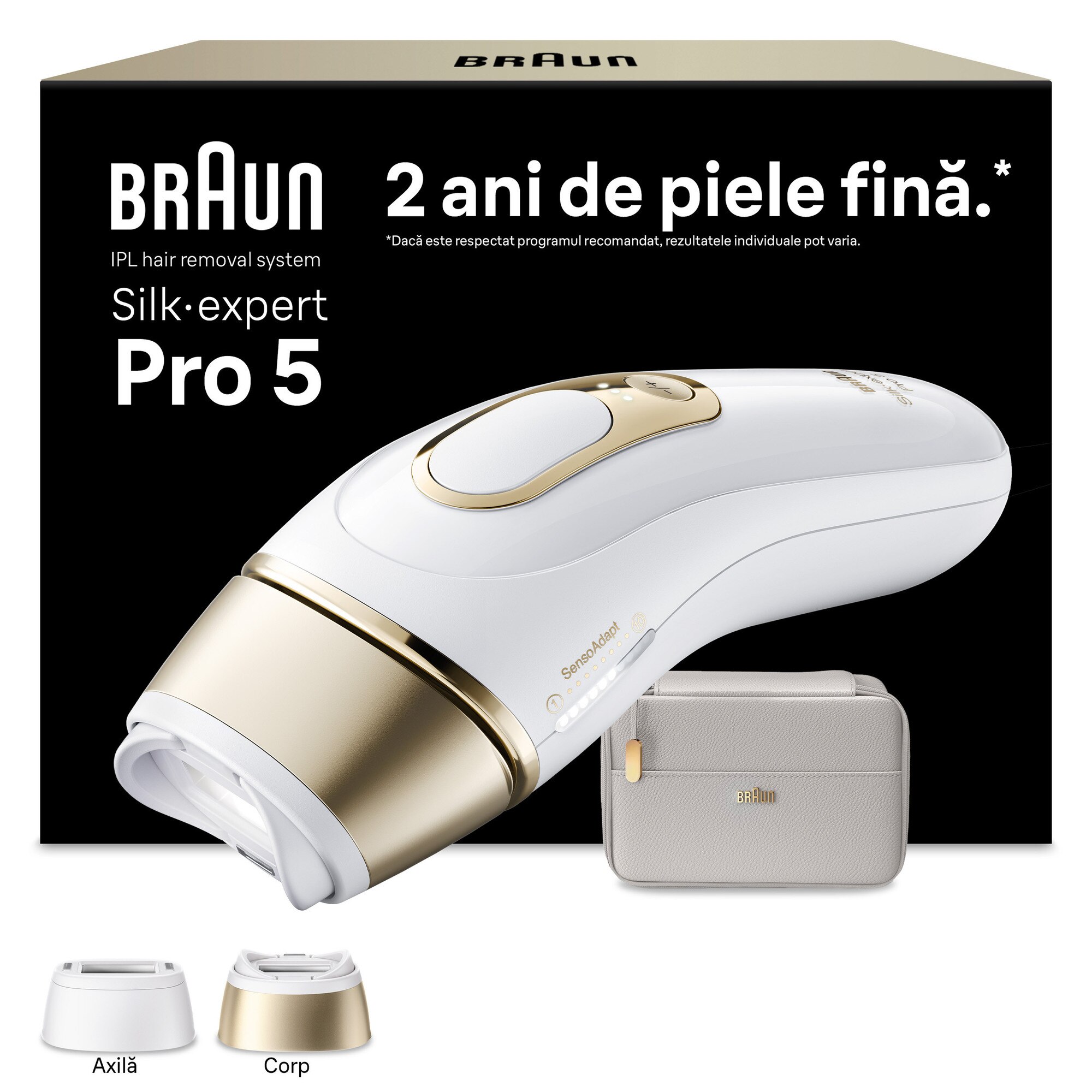 Epilator IPL Braun Silk-expert PRO 5 PL5210 Senzor automat & continuu Skin pro 2.0, 400.000 impulsuri, 10 niveluri de intensitate, 125 de impulsuri pe minut, 2 Capete de epilat, Trusa de voiaj, Aparat de ras Venus, Alb/Auriu