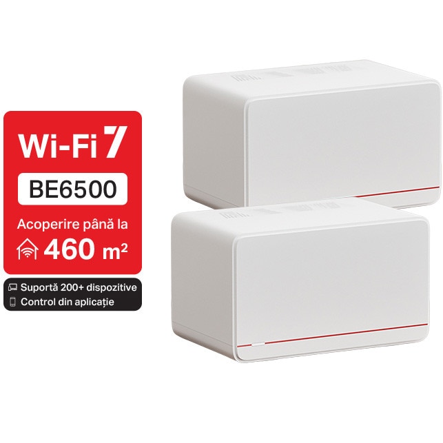 Sistem Mesh Wi-Fi Mercusys Halo H37BE(2-pack), BE6500, Dual-Band, Wi-Fi 7, MLO, 2 x 2.5 Gbps port + 1 x 1 Gbps port, cu acoperire completa pentru casa