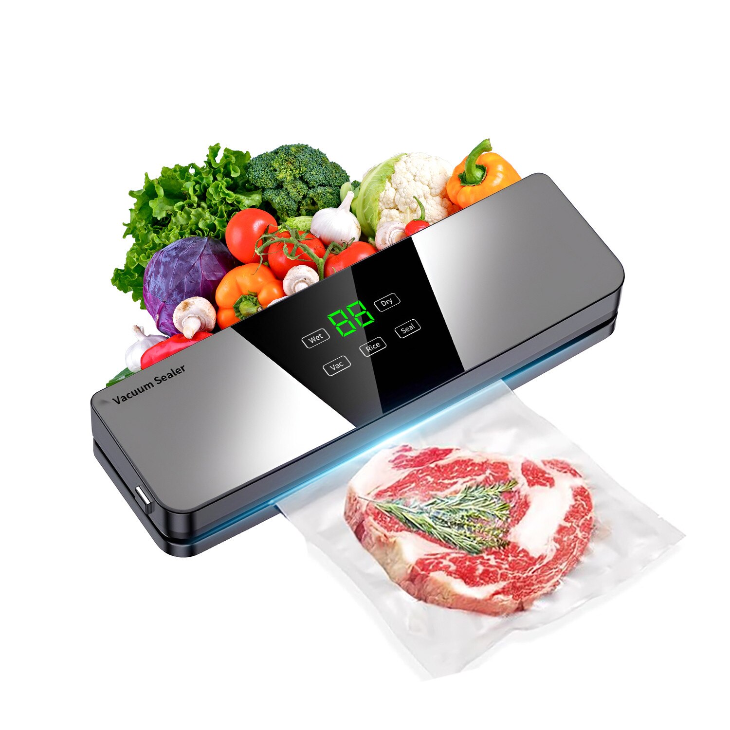 Aparat de vidat alimente, Qtenzivize, 5 functii Vid/Sigilare/Uscat/Umed, Lungime sigilare de 26 cm, Afisaj LED, Putere 120W, Panou de comanda Touch, 10 x pungi de vid, Furtun pentru vidare sticle si caserole, Argintiu/Negru, Modelul 6900