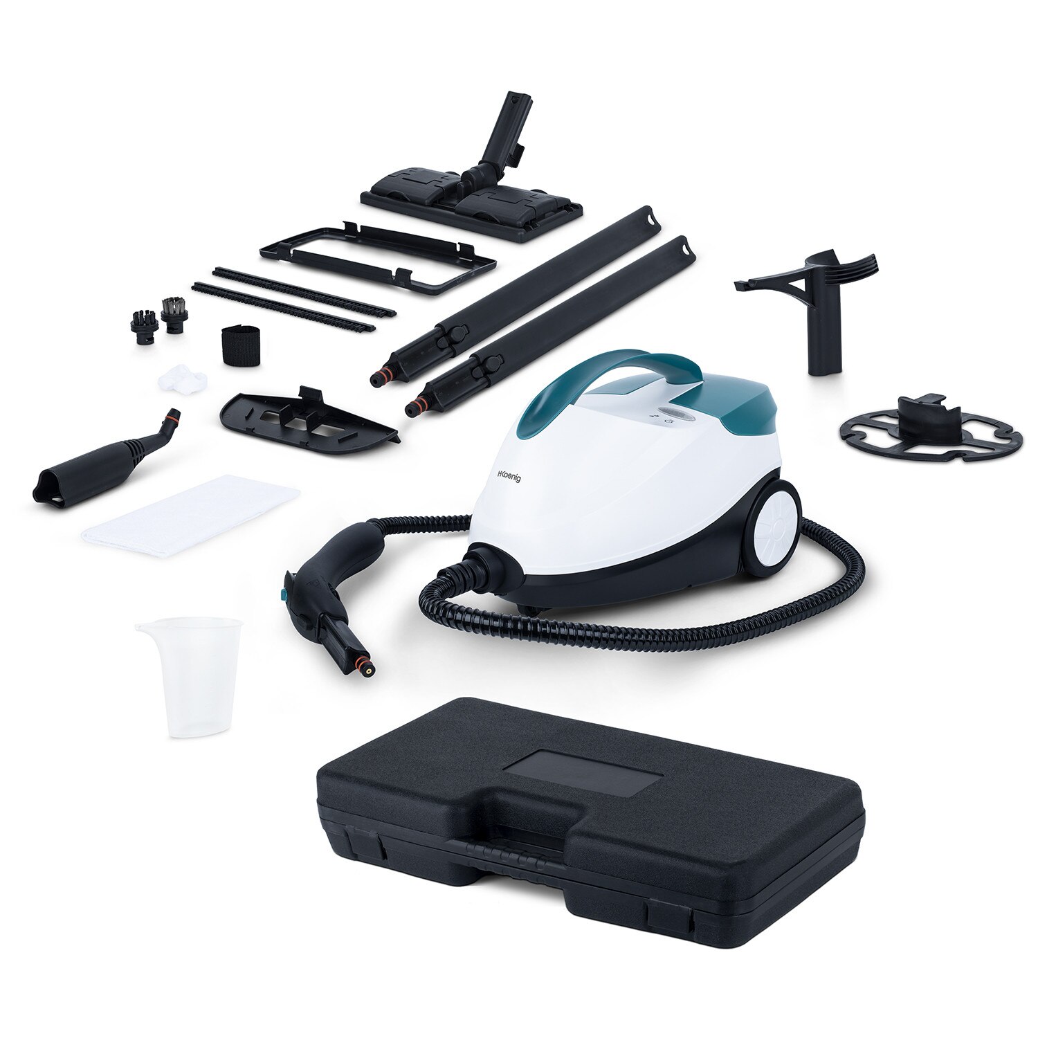 Aparat cu aburi H.Koenig, NV6400, pentru curatarea si igienizarea suprafetelor si a locuintei, 2000W, capacitate 1.5 l, presiune mare 4 bari, autonomie 45 minute, cu spatiu de stocare a accesoriilor incorporat, alb