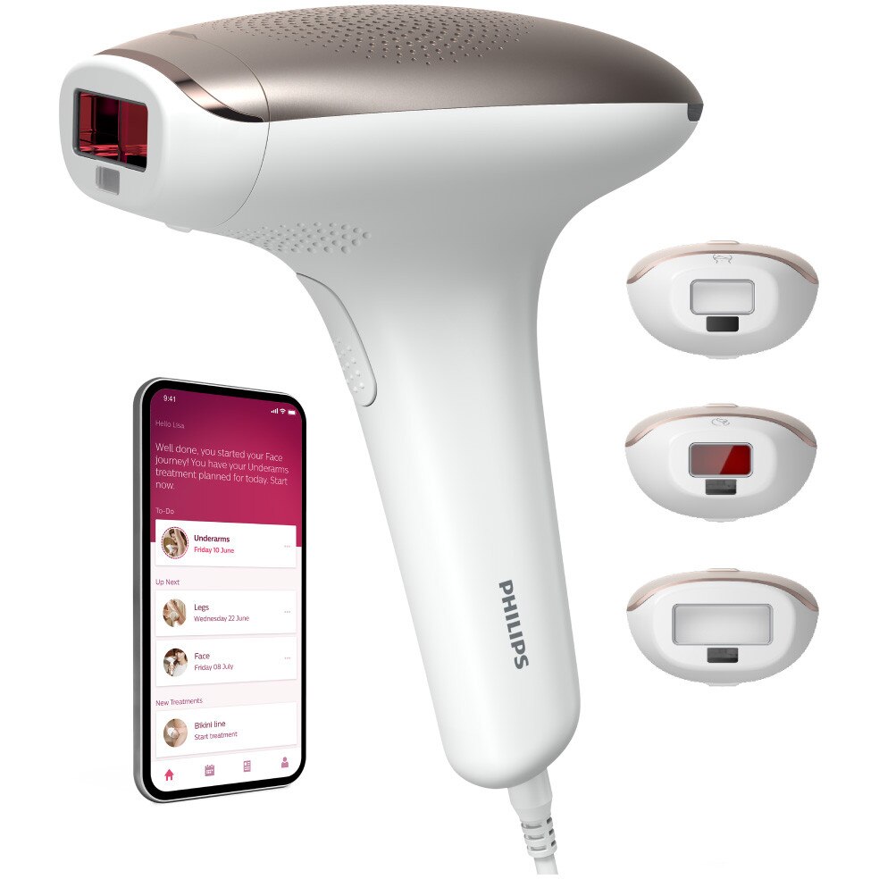 Epilator IPL Philips Lumea SC1998/00, 250.000 impulsuri, Senzor nuanta piele, accesoriu fata, corp si inghinal, utilizare cu fir, husa, Roz/Alb